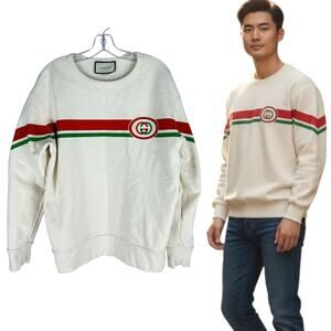 Gucci Interlocking GG Striped Crew Neck Sweater Off White SIze M